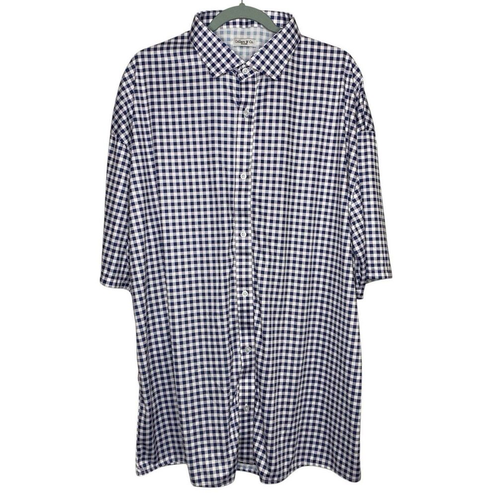 Collars & Co Button Up Polo Shirt Mens L Purple Gingham Plaid Quattro Flex NEW